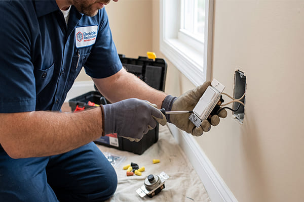 An electrician replacing an old dimmer switch with a new LED-compatible model.